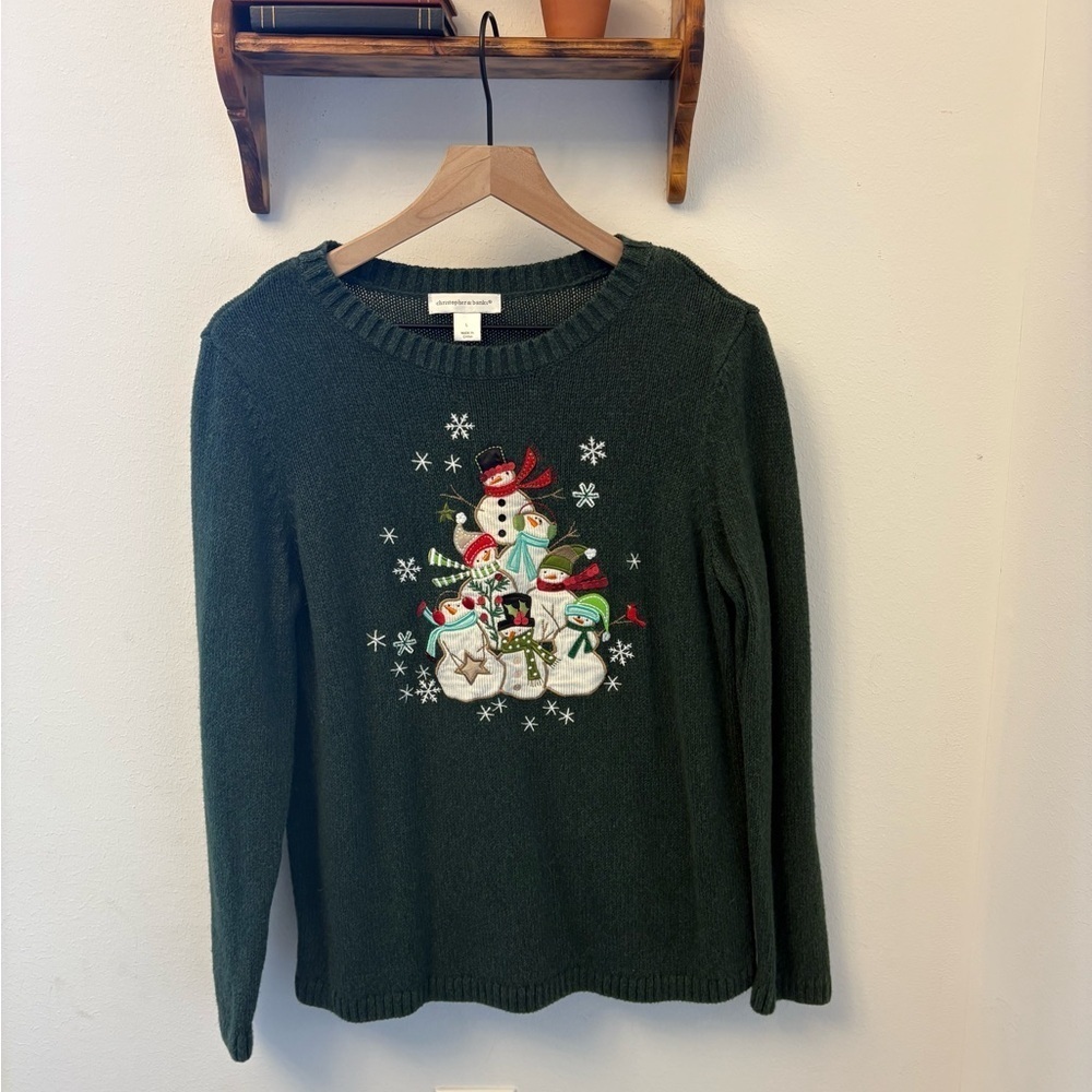 Christopher & Banks Green Snowman Sweater Corduroy Sequin Embroidered Cozy